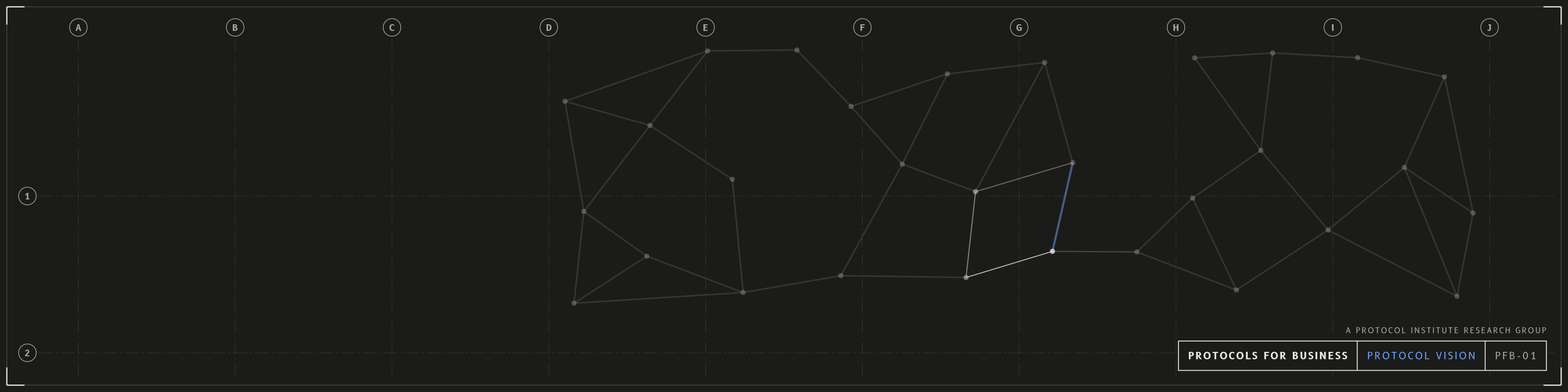 Protocol vision, linkedin profile banner, dark mode with a cobalt accent. A network of protocols, mostly in fog, with patches of focus where the links sharpen, the hard links show in the accent colour and the protocols are named (approval, handoff, permission, spend limit). Drawn as an architectural sheet with grid bubbles and a title block reading PROTOCOLS FOR BUSINESS.