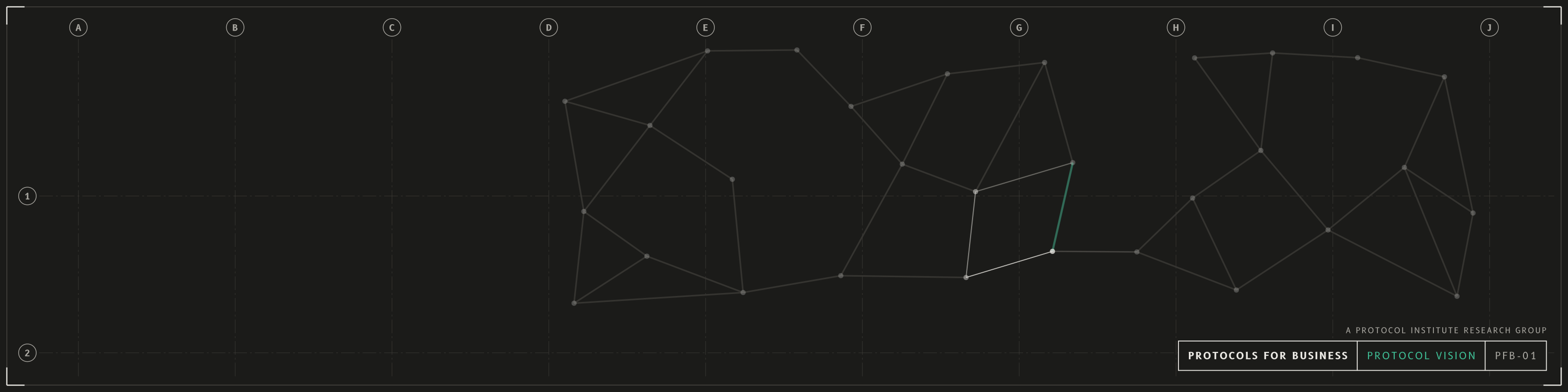 Protocol vision, linkedin profile banner, dark mode with a forest accent. A network of protocols, mostly in fog, with patches of focus where the links sharpen, the hard links show in the accent colour and the protocols are named (approval, handoff, permission, spend limit). Drawn as an architectural sheet with grid bubbles and a title block reading PROTOCOLS FOR BUSINESS.