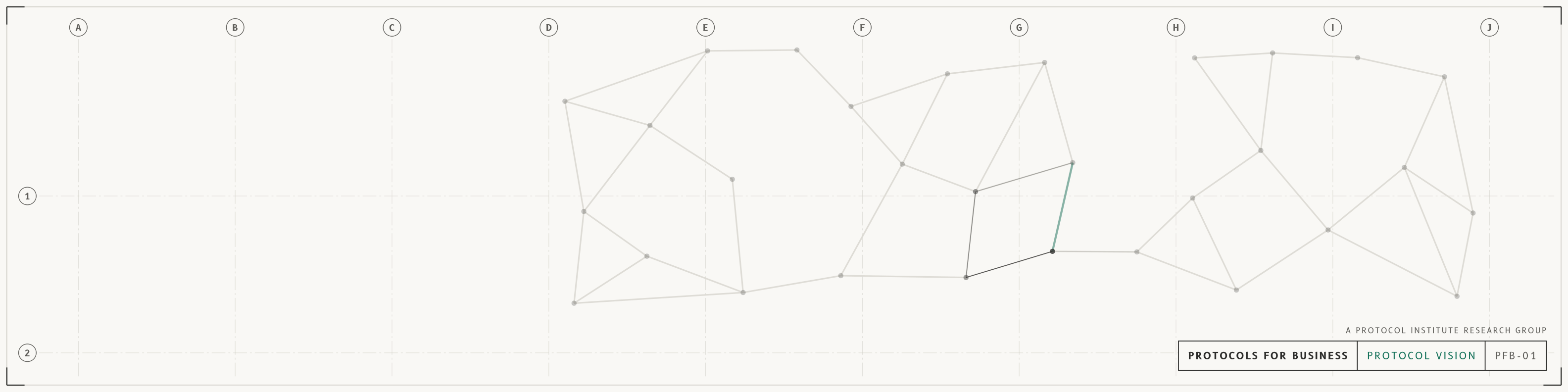 Protocol vision, linkedin profile banner, light mode with a forest accent. A network of protocols, mostly in fog, with patches of focus where the links sharpen, the hard links show in the accent colour and the protocols are named (approval, handoff, permission, spend limit). Drawn as an architectural sheet with grid bubbles and a title block reading PROTOCOLS FOR BUSINESS.