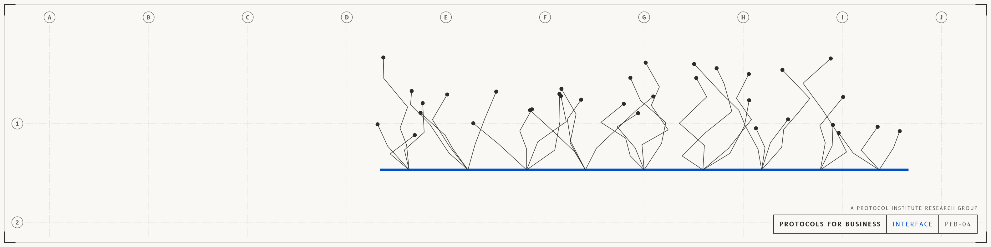 Interface, linkedin profile banner, light mode with a cobalt accent. One hard interface in the accent colour with branches growing from it that nobody planned: a protocol widening what others can build. Drawn as an architectural sheet with grid bubbles and a title block reading PROTOCOLS FOR BUSINESS.
